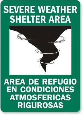 Severe Weather Shelter Area (with Graphic) (Bilingual), Adhesive Signs and Labels, Metal Sign,
