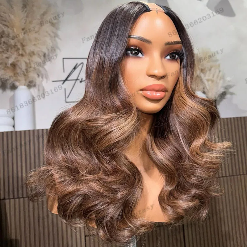 

Water Wavy Human Hair Highlight Brown Blonde Middle U Part Wigs with Clips Natural Glueless Full 180Density Machine Made Wigs