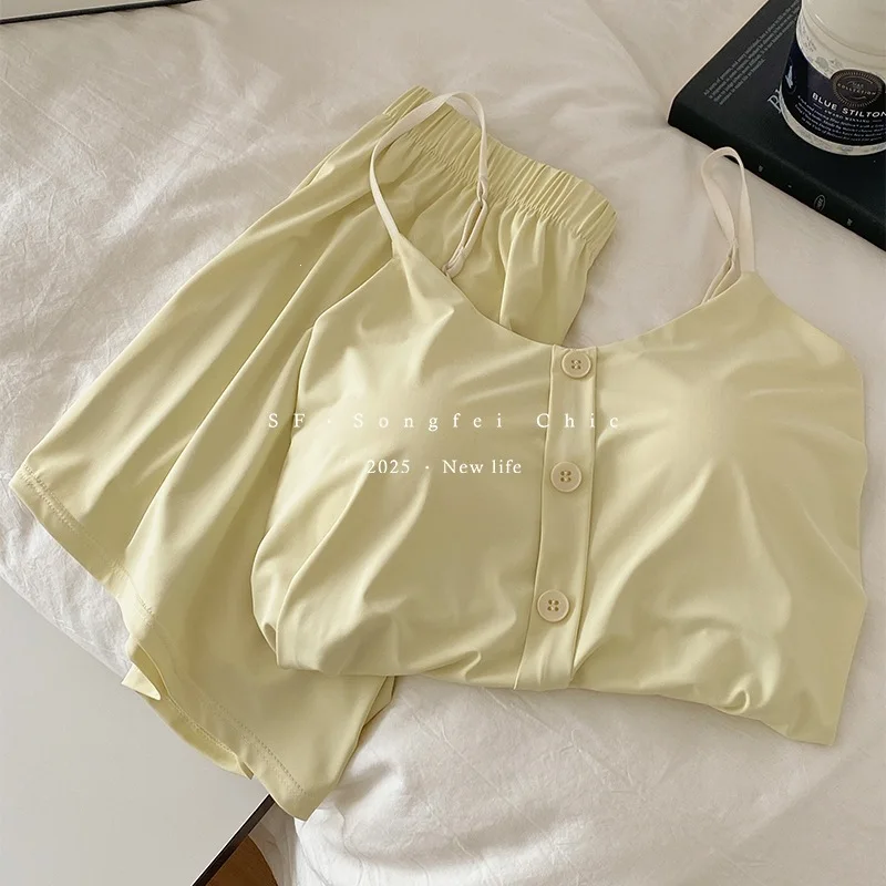 

Summer New Ice Silk Adjustable Home Clothes 2-piece Set with Chest Cushion Button Ice Leather Strap Shorts and Pajamas
