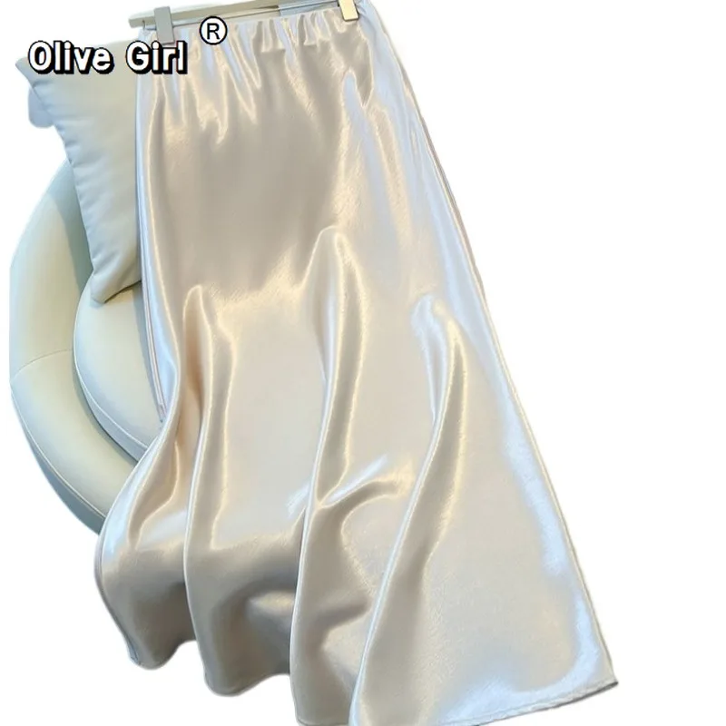 Spring Autumn Satin Short Skirt A-line Champagne Color Elegant Women's Drape Fish Tail Skirt Double-layer Elastic Waist