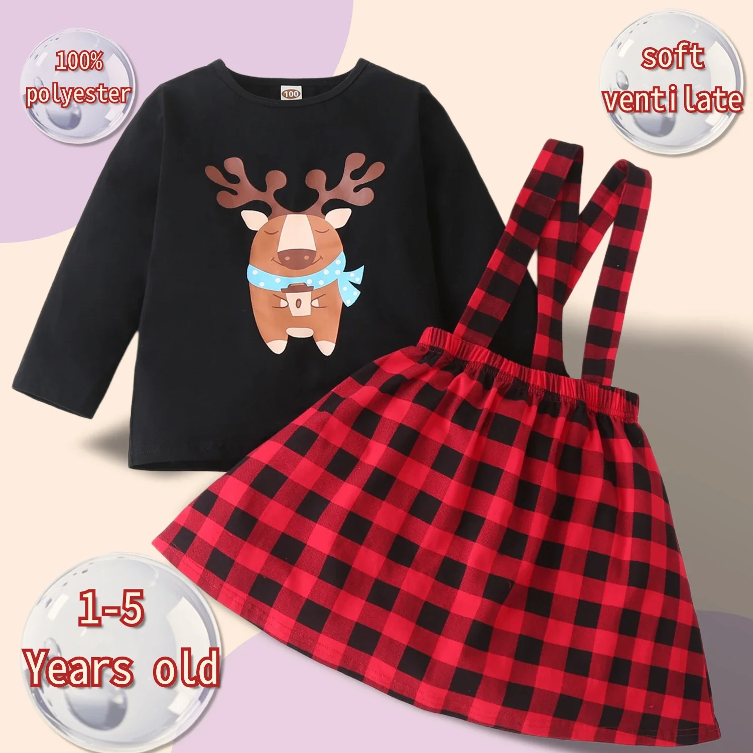 

Christmas Toddler Girl Clothing Set 2 Pieces Cartoon Elk Animal Long Sleeve Tops+Plaid Skirt Kids Clothes 2-8Y