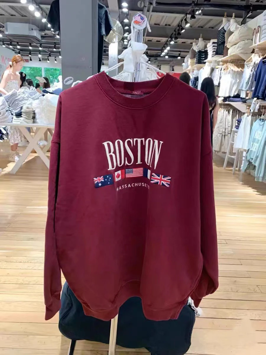 

Vintage Flag Embroidery Sweatshirts Autumn Warm Round Neck Cotton Loose Long Fashion Women Y2k Streetwear Oversize Pullovers Top