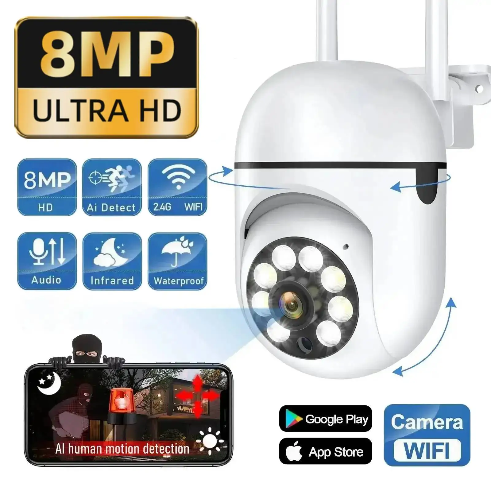 8MP WiFi Camera Home PTZ IP Camera Wireless Surveillance Camera Color Night Two-way Audio Auto Tracking Security CCTV Cameras