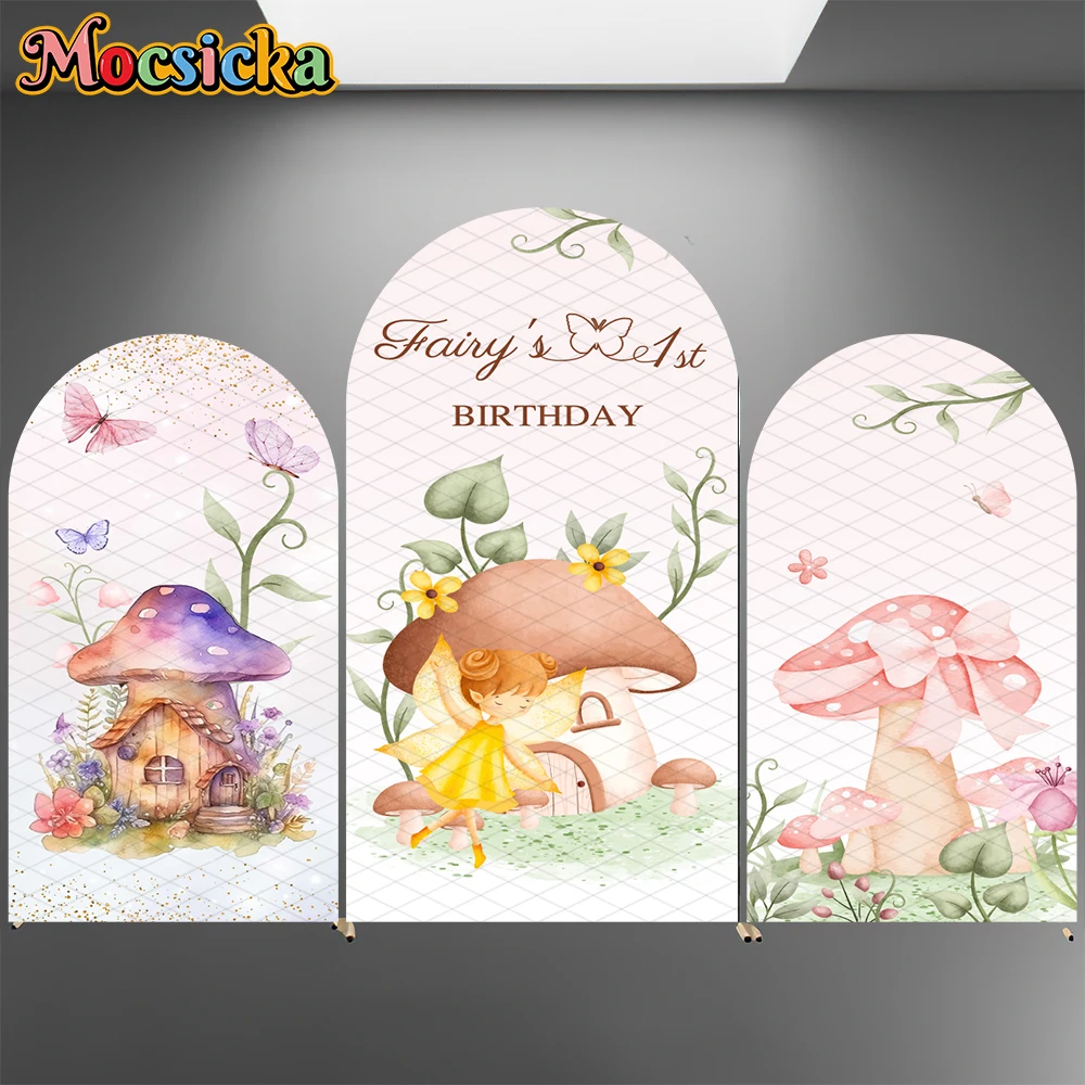 

Mocsicka Baby Shower Girl Arch Backdrop Cover Princess Fairy 1st Birthday Photo Arched Background Mushroom House Butterfly Decor