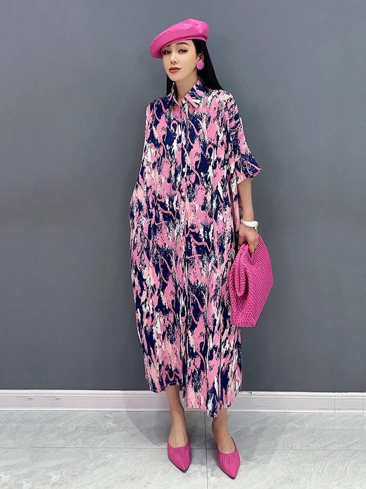 XITAO Print Turn-down Collar Single Breasted Dresses Short Sleeve Pocket Mid-calf Loose Shirt Dress 2024 Summer Casual ZY8754