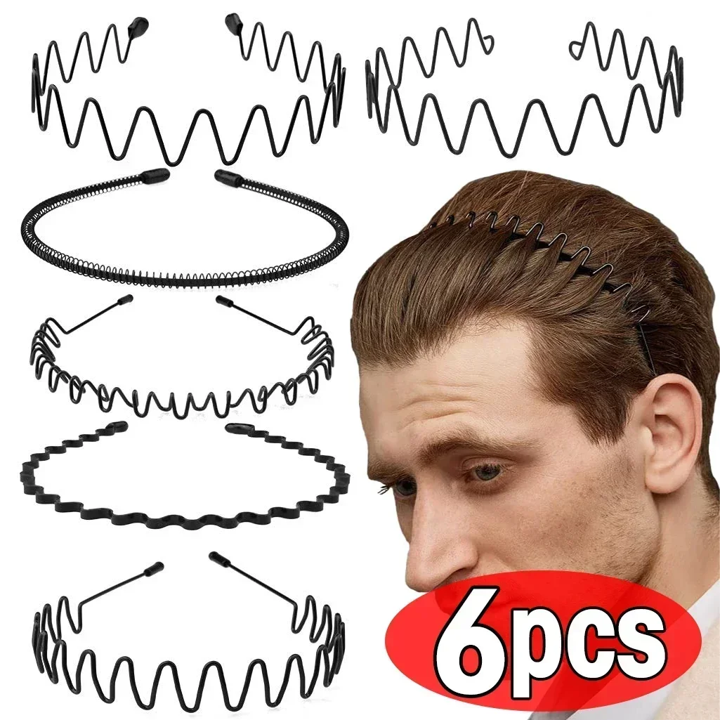 6/1Pcs Unisex Black Elastic Non Slip Simple Metal Headbands For Men Women Wavy Hairband Hair Hoop Fashion Sport Hair Accessories