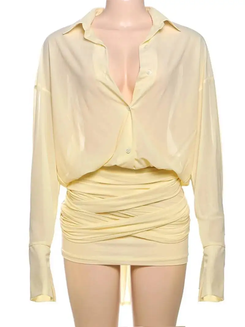 Fashion See Through Shirt Mini Dress Flare Sleeve Sexy Club Party Bandage Ruched Lapel Dresses Outfits Clothes Shirt Dress R1X4