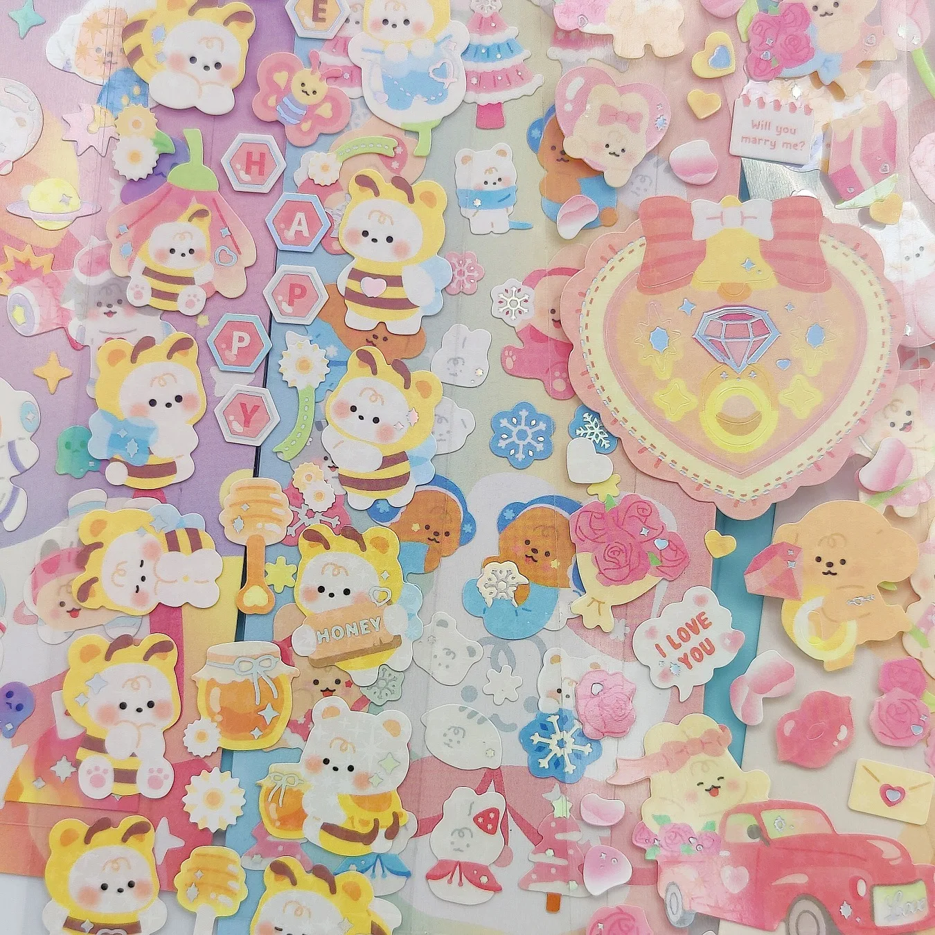 Autocollant de carte Teddy Goo de dessin animé mignon, petite carte bricolage, matériel de décoration de téléphone portable brillant au laser, Ins Star