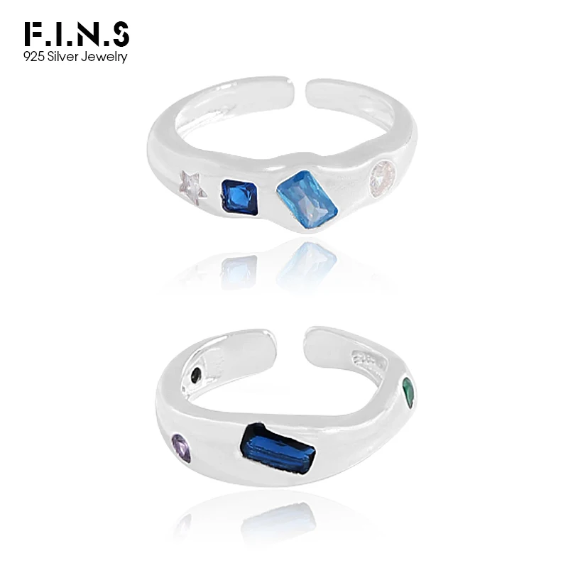 

F.I.N.S Original 925 Sterling Silver Geometric Blue Zircon Ring Open Resizable Stacked Index Finger Rings for Women Fine Jewelry