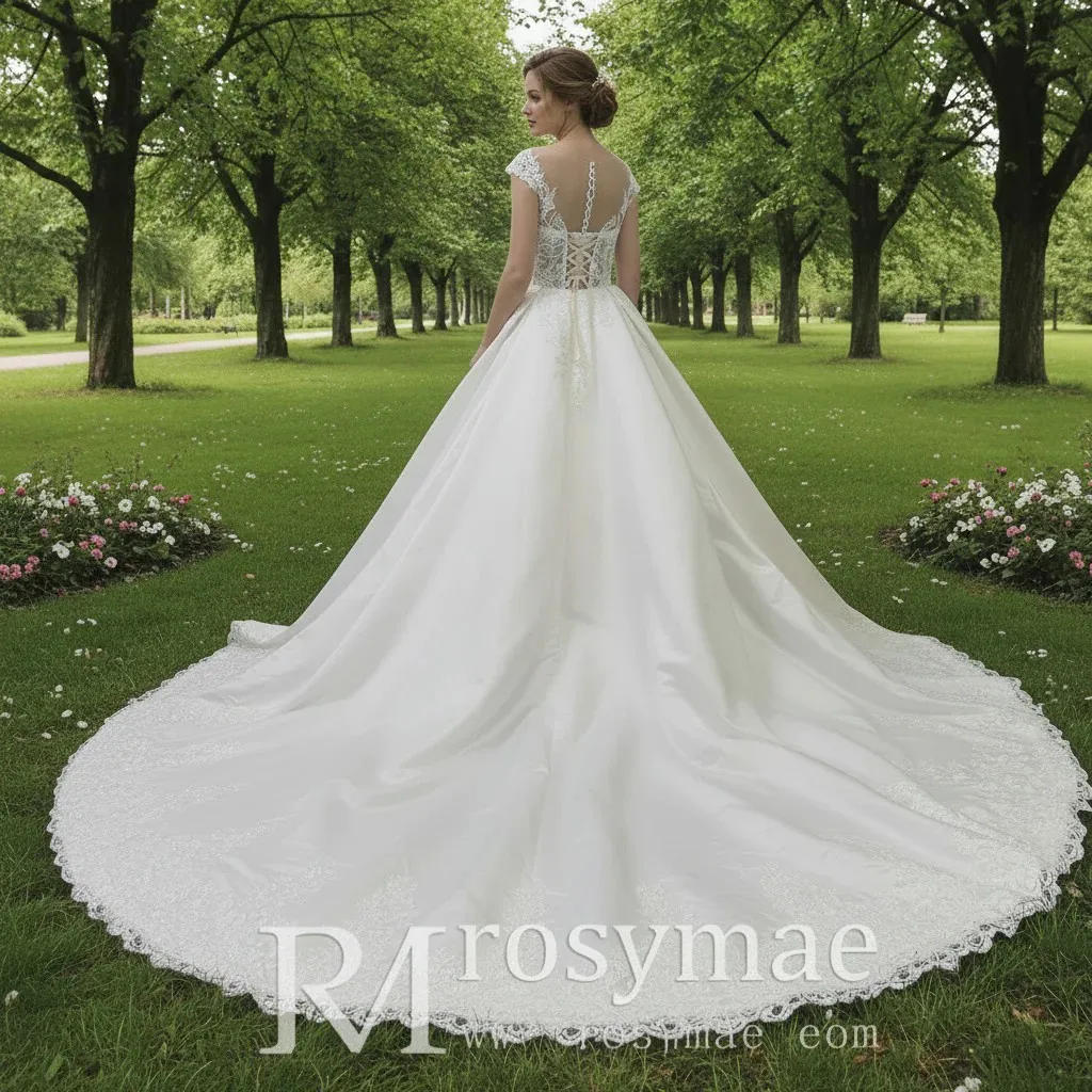 ロージメイ ボールガウン ウェディングドレス レースボディス シアー スイートハートネック キャップスリーブ スムースサテンスカート レースアップリケ スカラップヘム