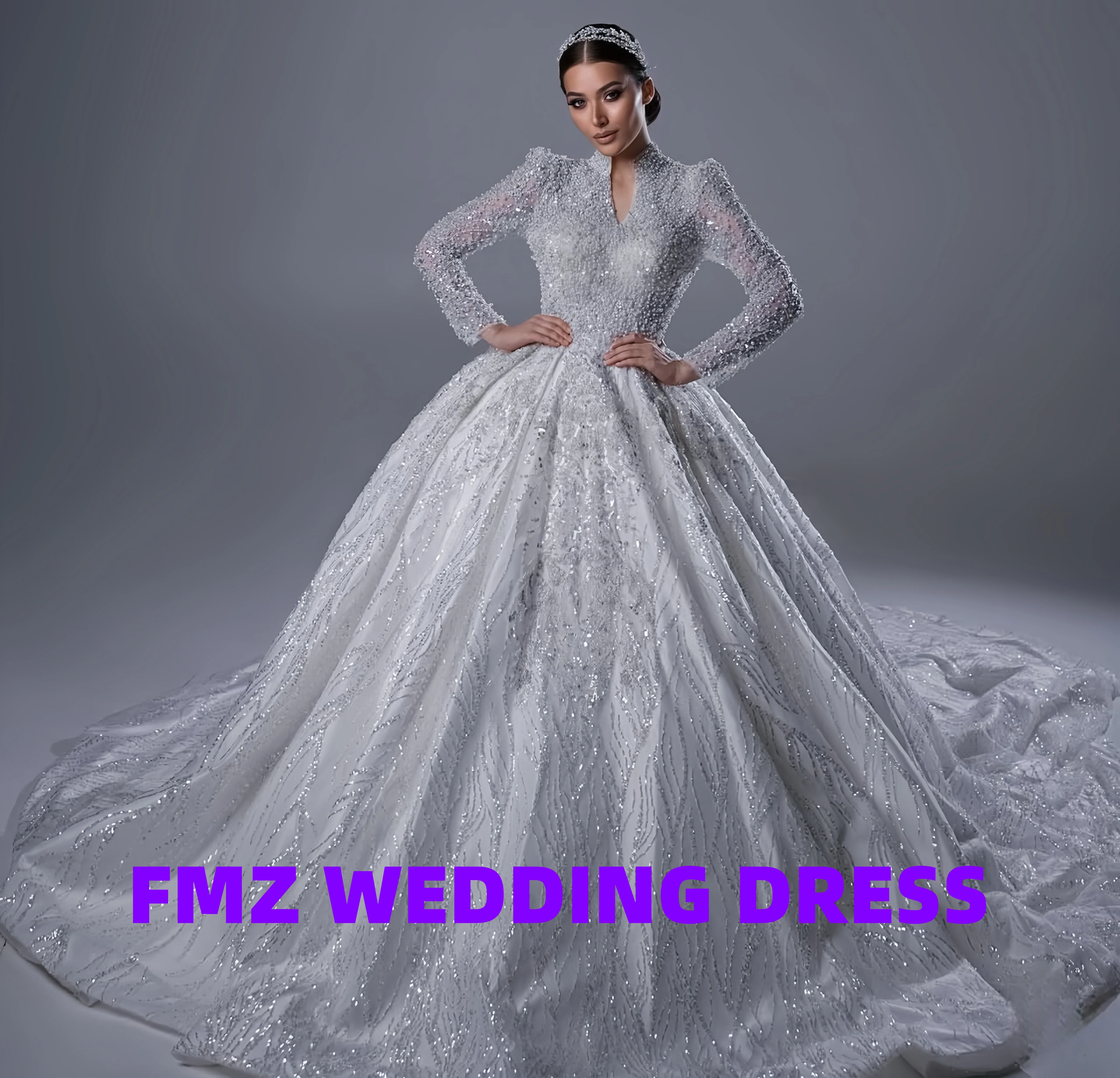 

Роскошное свадебное платье из бисера по индивидуальному заказу, бальное платье с высоким воротником и длинными рукавами, свадебное платье robe de mariee, платья de novia