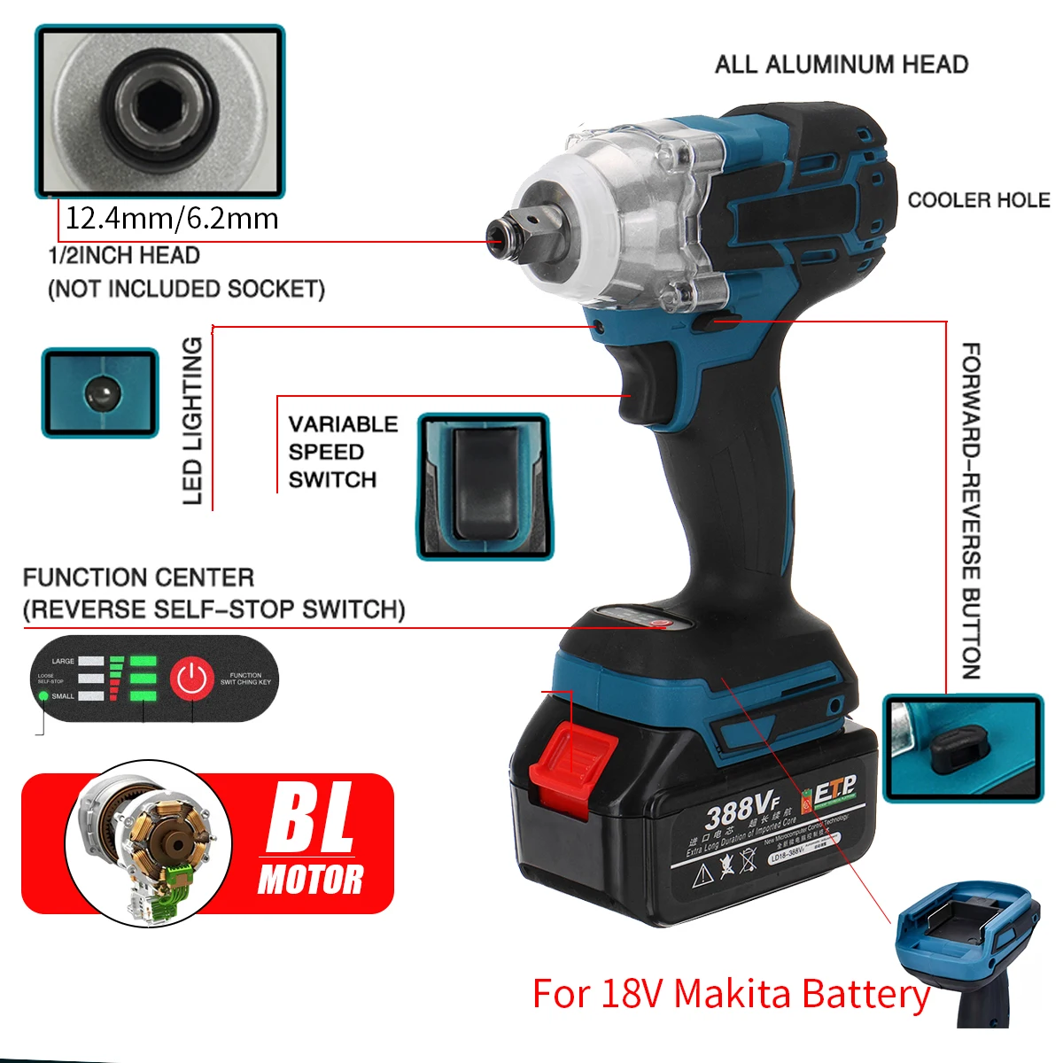 21V Electric Impact Wrench 580N.m Brushless Wrench Socket Rechargeable 1/2 inch Li-ion Battery for Makita Battery Power Tools