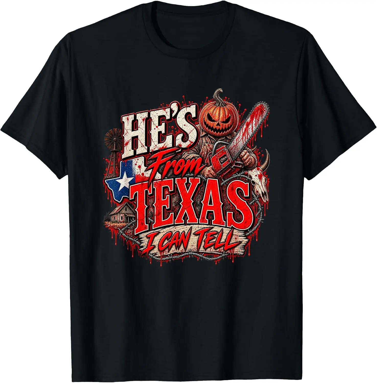 Hes From Texas I Can Tell Pumpkin Horror T-Shirt Stylish, Breathable, 100% Cotton Short-Sleeve Tee With Fun, Humorous