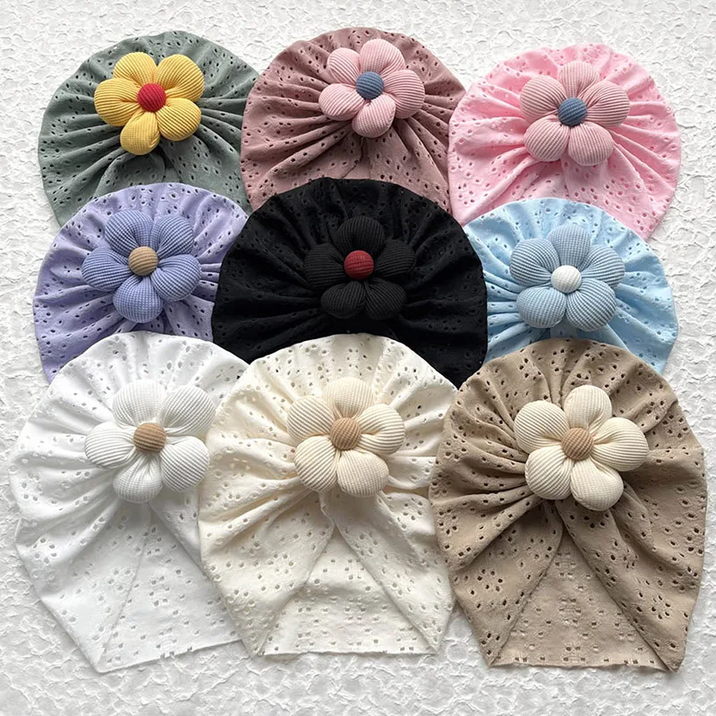 3D ดอกไม้เด็ก Turban หมวกฤดูร้อน Breathable Hollow อินเดียหมวกผ้าฝ้ายทารก Headscarf Beanies 0-2Y เด็กอุปกรณ์เสริมผม