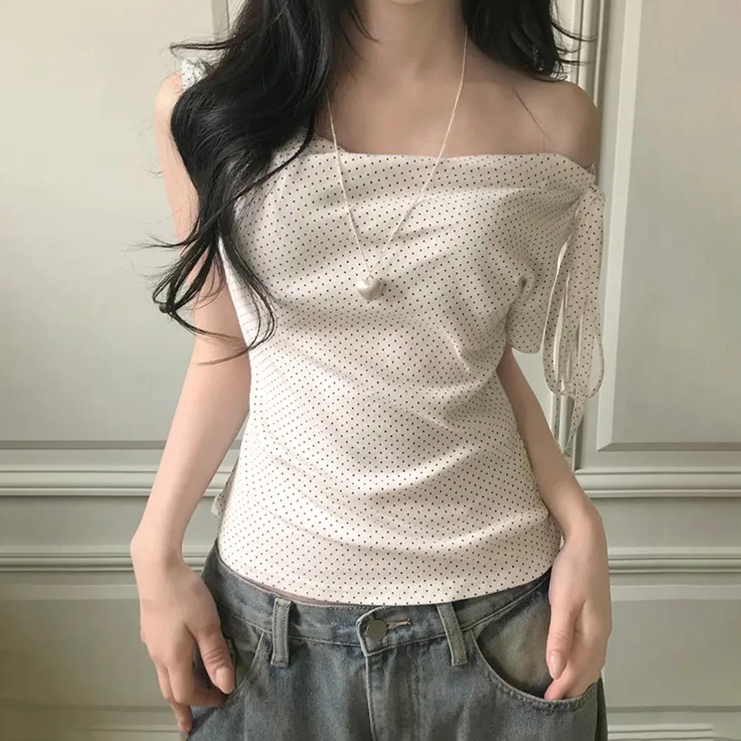 Tops Women Top Skew Collar Full Sleeve Y2k Streetwear Dot Sweet Elegant High Street Casual Work Slim Fit Lace Up Summer 2026