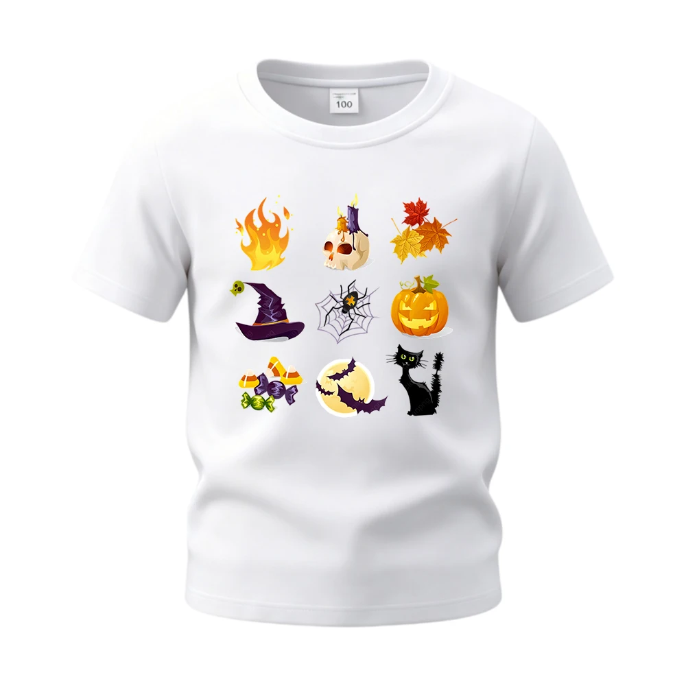 Collection of Halloween Icons Soft Cotton Short Sleeve Tops Tees Shirts Casual Daily T‑Shirt for Boys Girls Children Kids