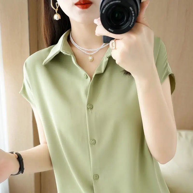 Summer New Short Sleeve Solid Color Blouse Polo Neck All-match Button Thin Office Shirt Tops Elegant Fashion Women Clothing