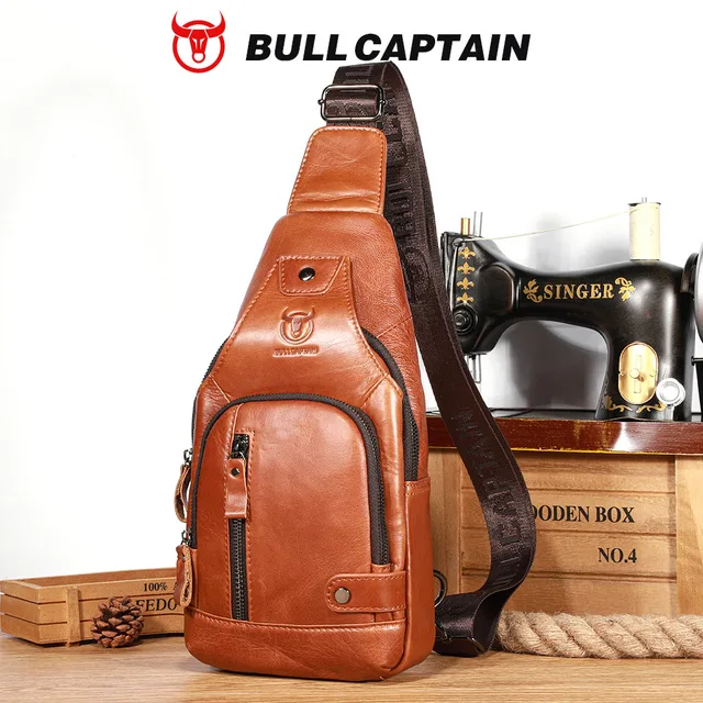 Torba męska Bullcaptain USB na klatkę piersiową, 100% skóra naturalna, torba na ramię, wielofunkcyjna torba podróżna, modna torba listonoszka na zewnątrz.