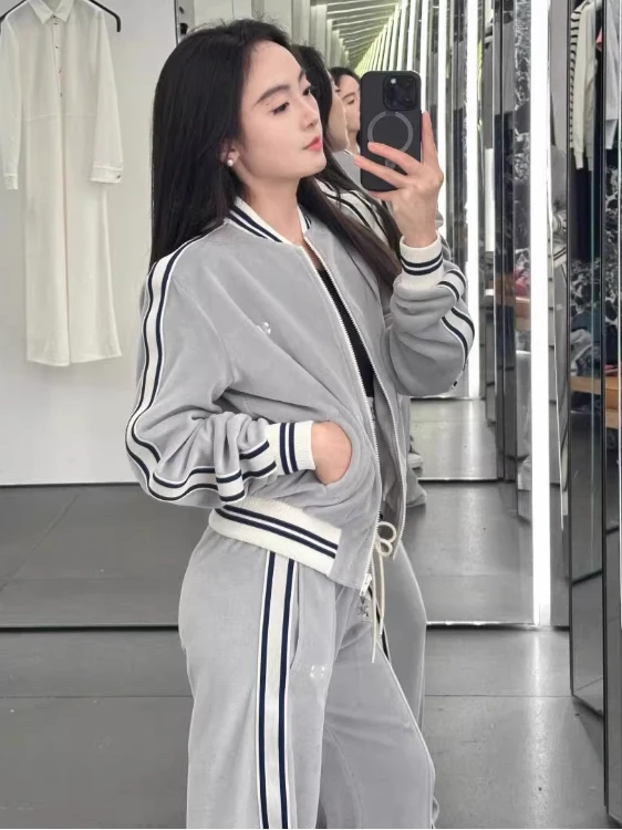 Koreański Zestaw Damski z Aksamitu w Stylu Casual, Modny, Odmładzający, Kurtka Baseballowa, Spodnie z Szerokimi Nogawkami, Dwuczęściowy Garnitur, Nowość na Jesień