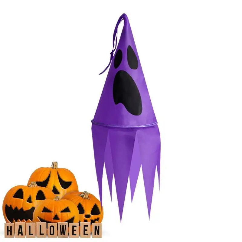 Halloween Windpipe Flag Ghost Windsock Flag With Zigzag Tassels And Lights Reusable Polyester Hangings Ghosts Halloween Decor