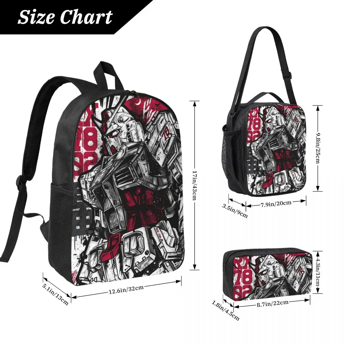 3Pcs Mobile Suit Gundams Backpack Set Pen Bags Bookbag Sets with Lunch Box For School Students Daypack
