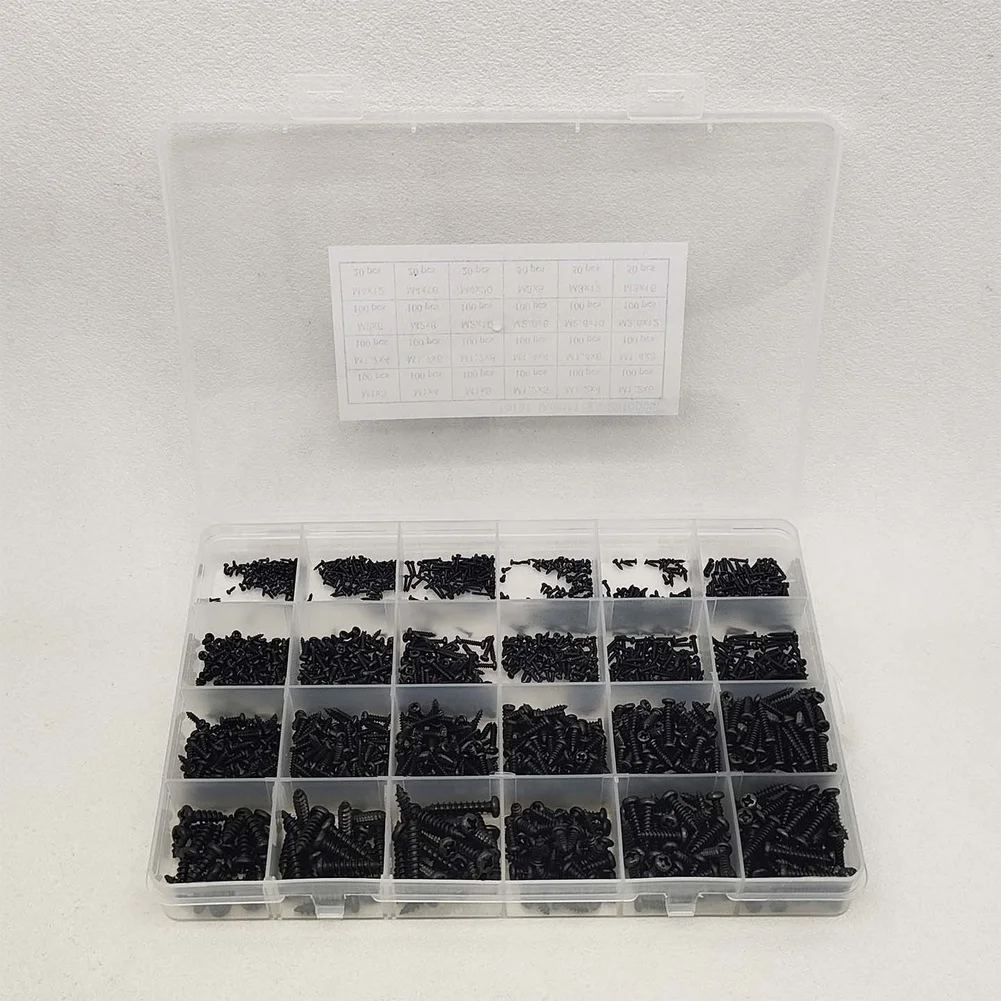 2010Pcs Black Carbon Steel Round Head For Phillips Self Tapping Screw Assortment Kit 1MM-4MM For Plastic Wood Electronics DIY