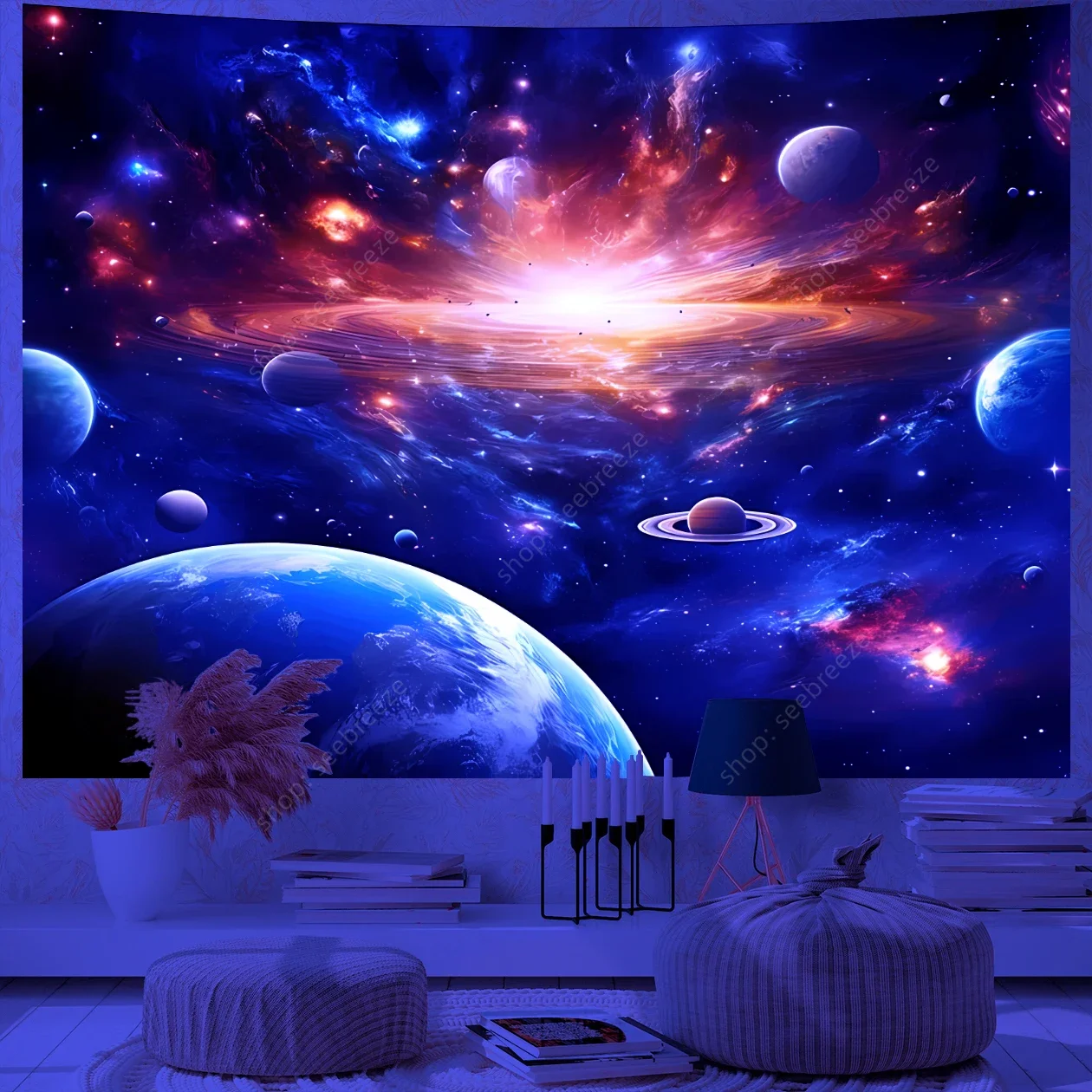 Psychedelic Galaxy UV Reactive Tapestry Universe Planet Starry Sky Tapestry Wall Hanging for Room Decor Aesthetic Ceiling Decor