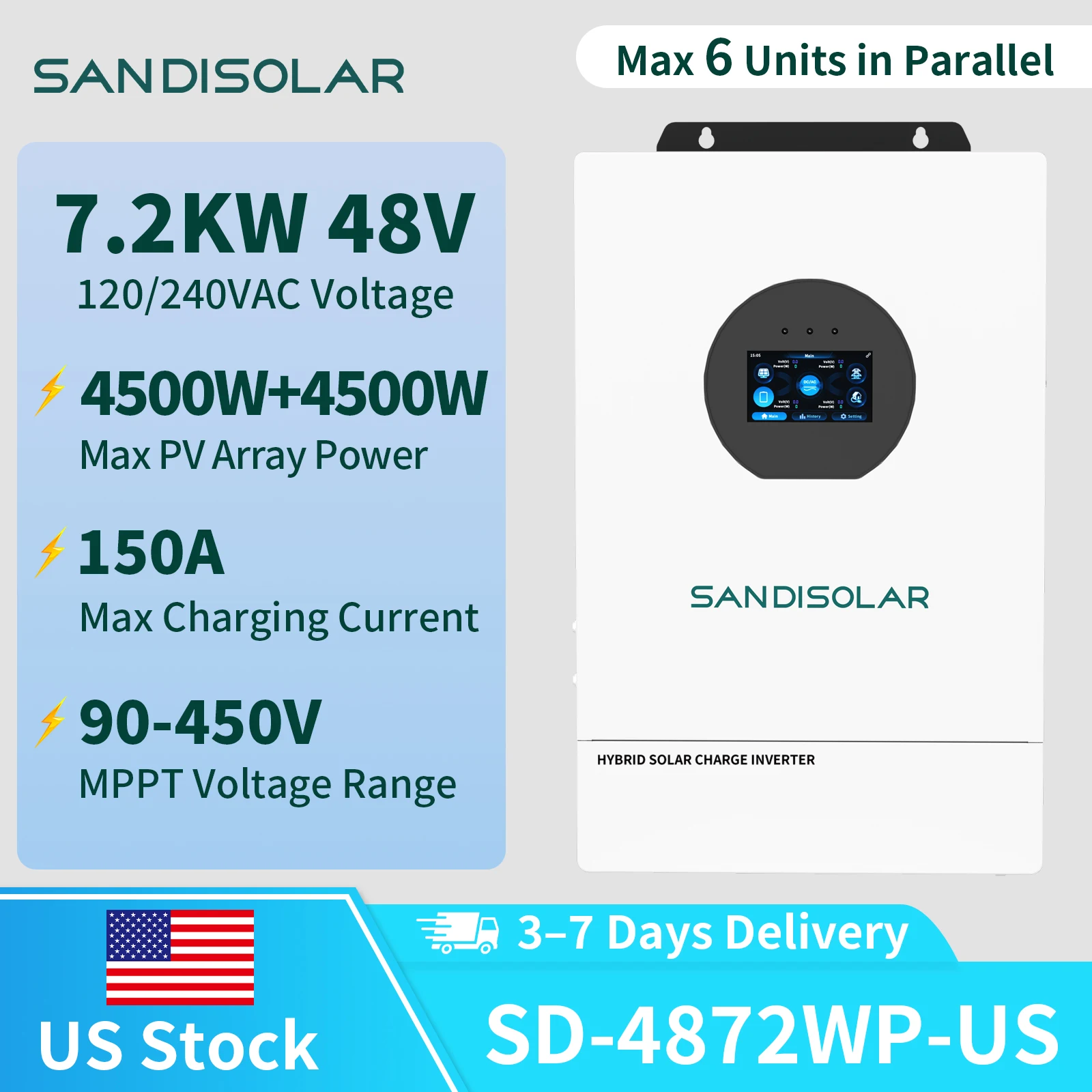 

SANDISOLAR 7.2KW 48V 150A Hybrid Solar Inverter 120V 240V MAX PV Input 9000W 2MPPT Home Inverter with LCD Touch Screen Display and AI