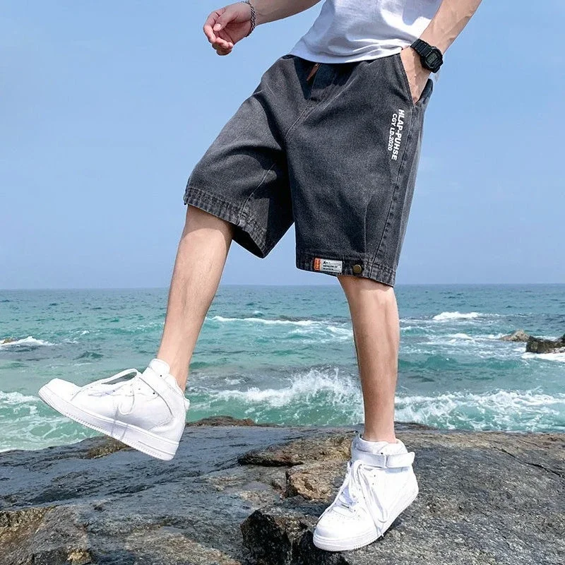 Loose Male Denim Shorts with Pockets Long Half Wide Baggy Bermuda Men's Short Jeans Pants Distressed Korean Fashion Cut New In