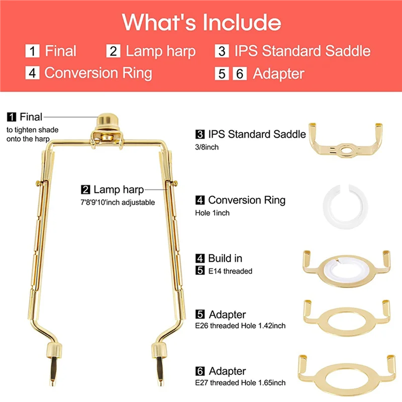 AT19-4Pcs 7 بوصة غطاء مصباح القيثارة حامل قابل للتعديل مصباح القيثارة عدة E14 ، E26 ، E27 مضيئة قاعدة محول الذهب القرن الإطار #6