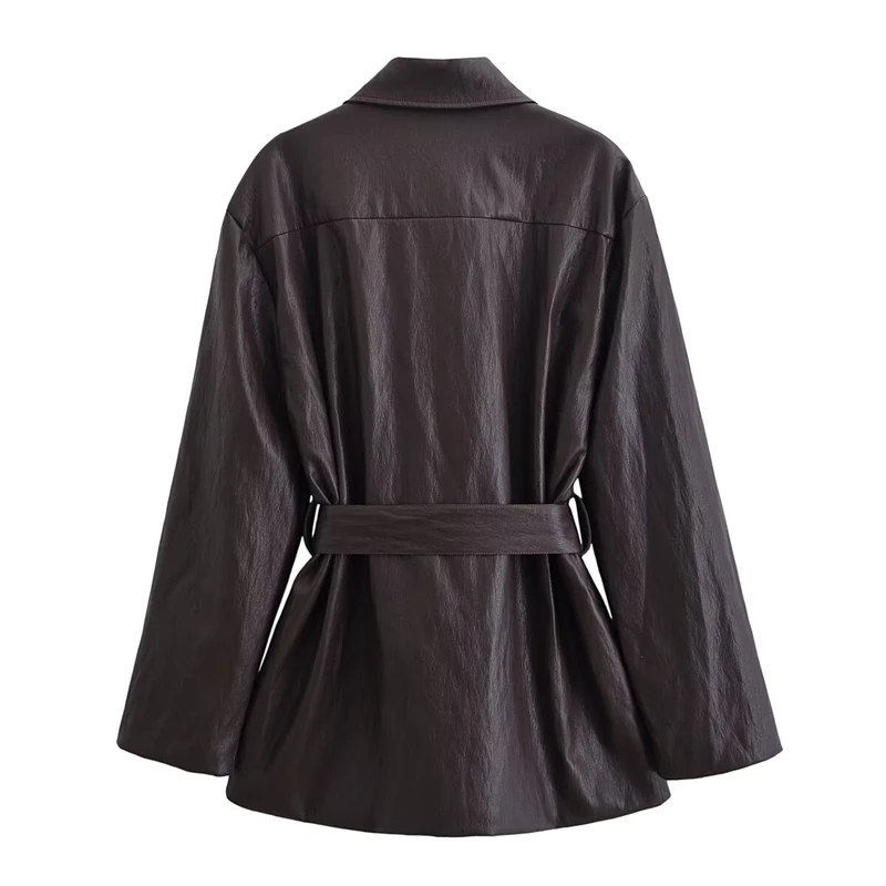 Ciemnobrązowy płaszcz z klapami, złote guziki, kieszenie, odzież wierzchnia na jesień i zimę, damska kurtka-košile ze sztucznej skóry z paskiem.