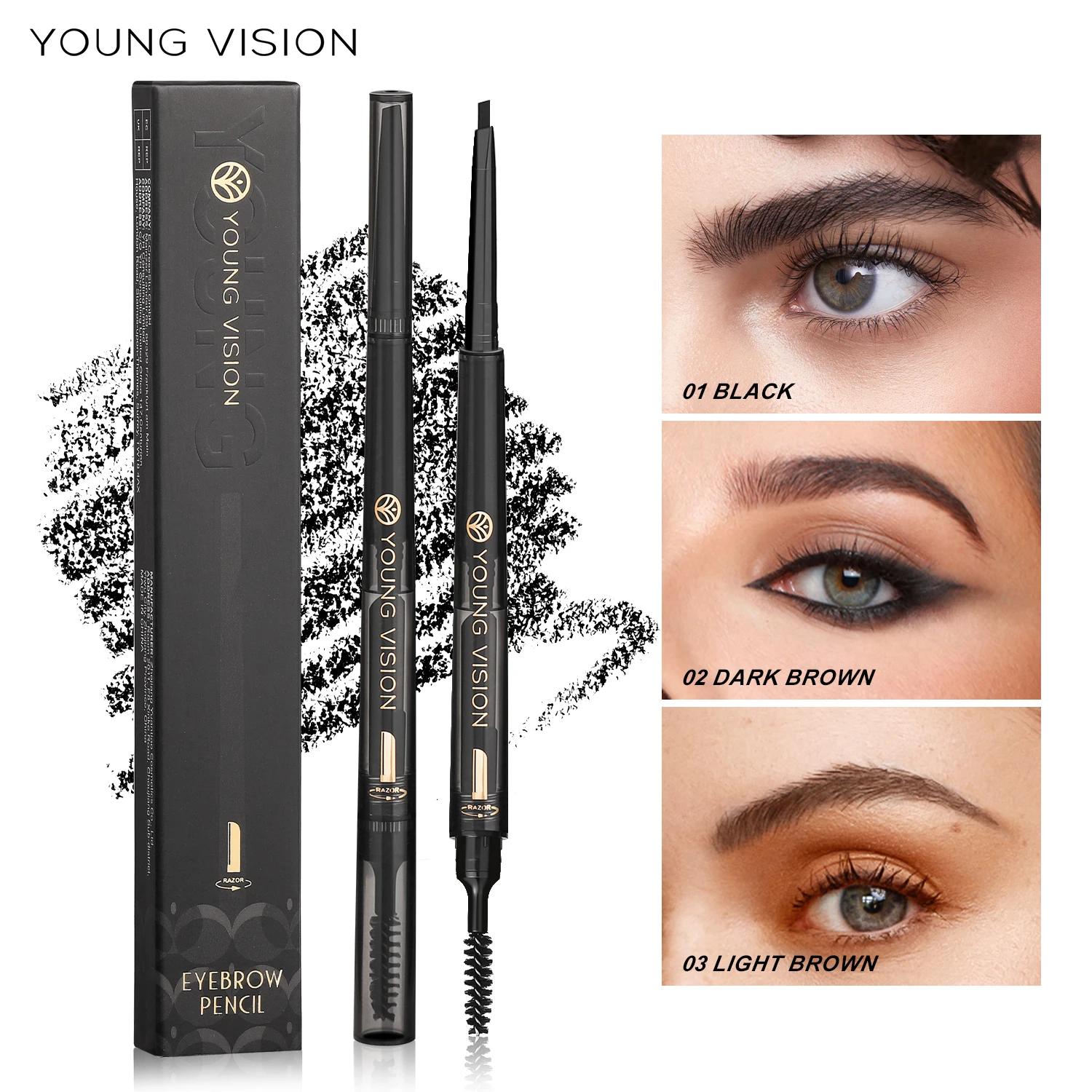 YOUNG VISION Brand Three-in-One Waterproof Eyebrow Pencil with Brow Brush and Blade, Fine and Soft Pencil Core, No Smudging