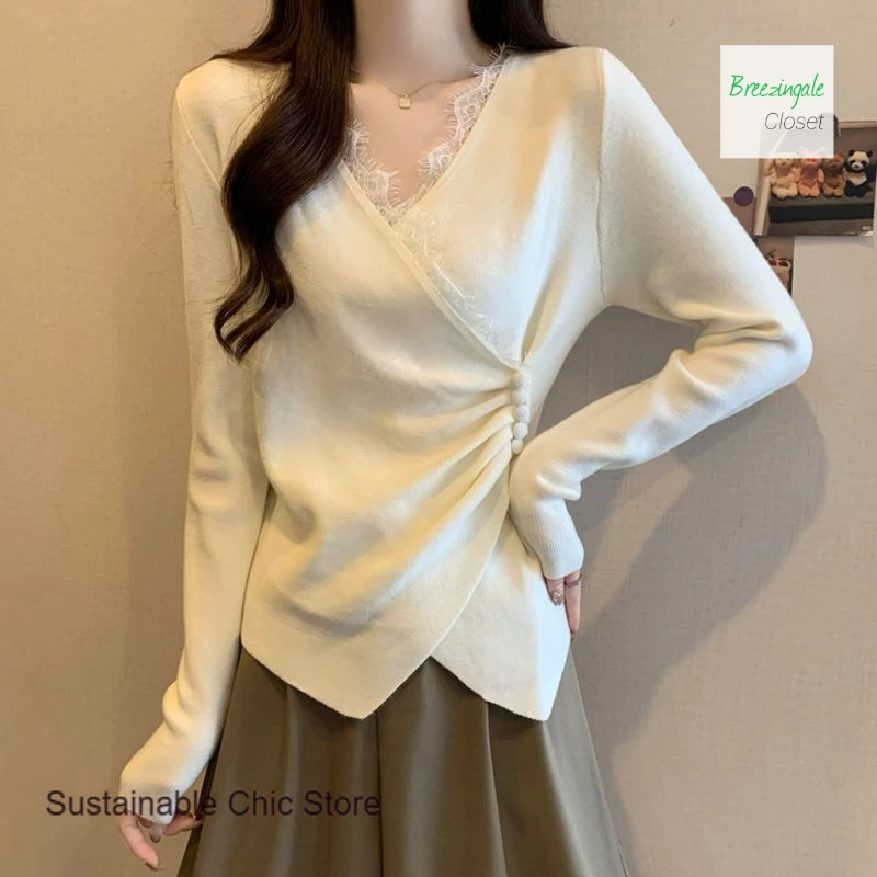 Camiseta de manga larga con cuello en V y costuras de encaje para mujer, diseño de moda de estilo coreano, nueva camisa de fondo irregular para otoño e invierno