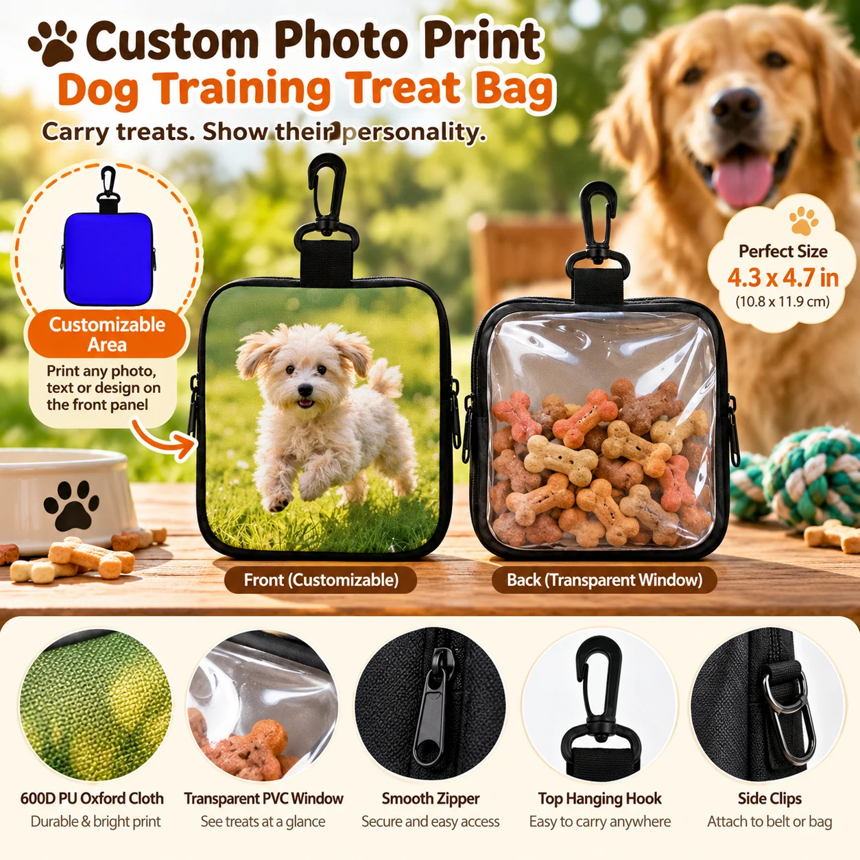 Custom Photo Dog Training Treat Bag Personalized Pet Snack Pouch with Clear Window 600D Oxford Clip Hook for Walking Outdoor Use