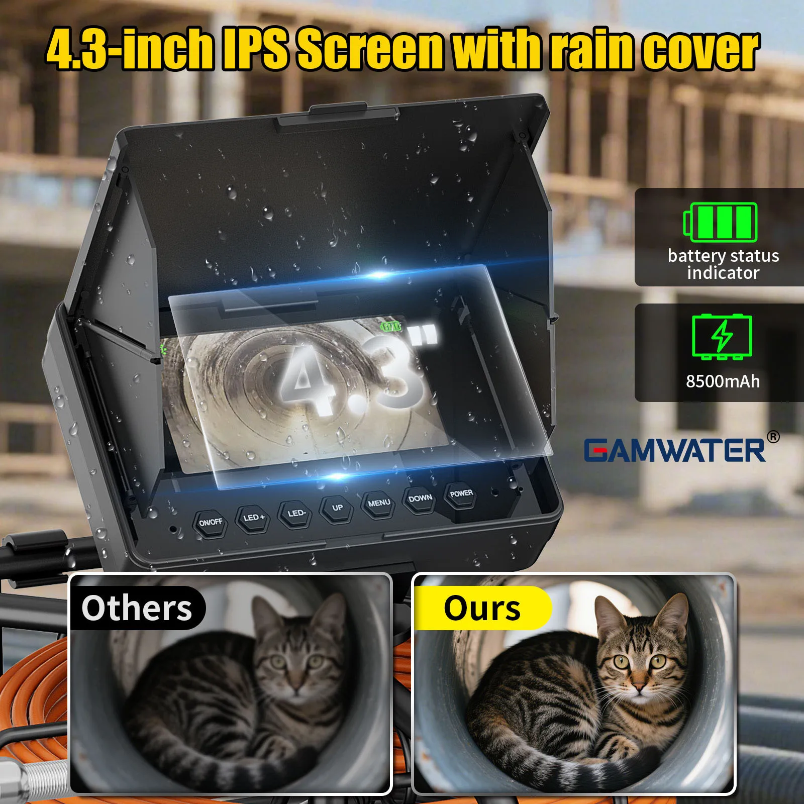 4,3 inch rioolinspectiecamera met IP68 waterdichte beoordeling en 8500 mAh batterij voor onderzoek van afvoerpijpen