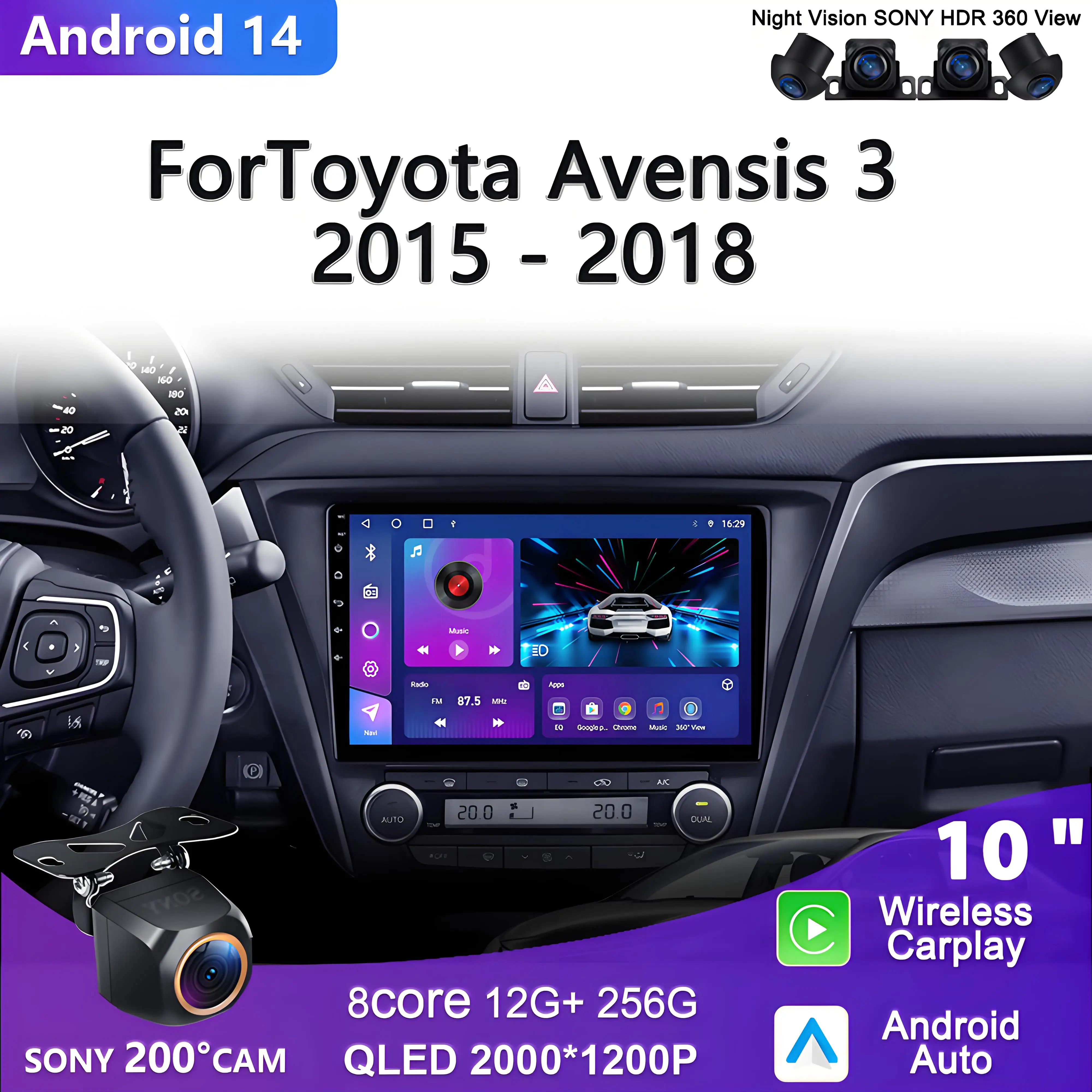 Android 14 Car DVD Multimedia Player For Toyota Avensis 3 2015 - 2018 Auto Radio GPS Navigation Carplay Stereo Radio Multimedia
