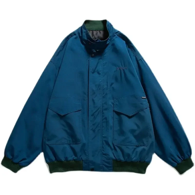 

Japanese Style Spring Autumn Color Block Stand Collar Jacket Men Retro Oversized Pocket Loose Casual Coat New Relaxed Outwear