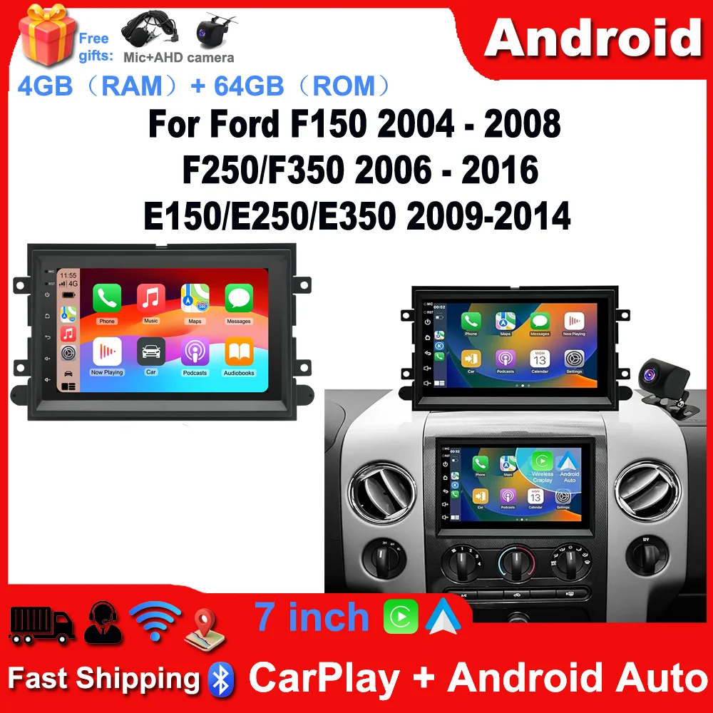 Car Radio Stereo Fit for Carplay and Android Auto 7-inch Android 15 GPS Navi WiFi Bluetooth Car Player 4+64G for Ford F150 2004-2008, F250/F350 2006-2016, E150/E250/E350 2009-2014 and More