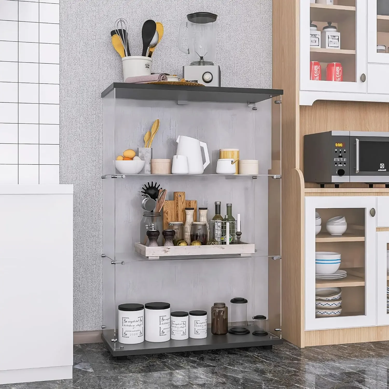 3 Shelves Glass Display Cabinet with 2 Doors, Floor Standing Clear Glass Curio Cabinet Collection Display Case for Living Room B