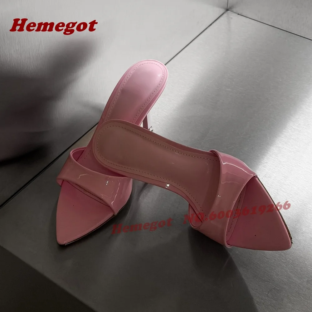 

Pink Patent Pointy Toe Slippers Patchwork Stiletto Heels Slip On Women's Mules Glossy Candy Color Outside Summer Slide Sandals