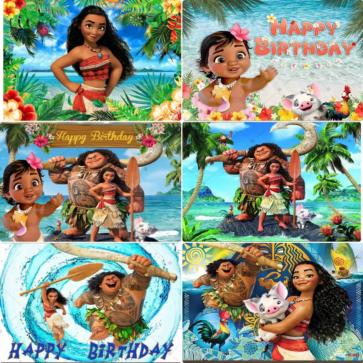 Cartoon Moana Birthday Backdrop Tropical Ocean Island Palm Flower Girl Birthday Party Baby Shower Decor Kids Photo Background