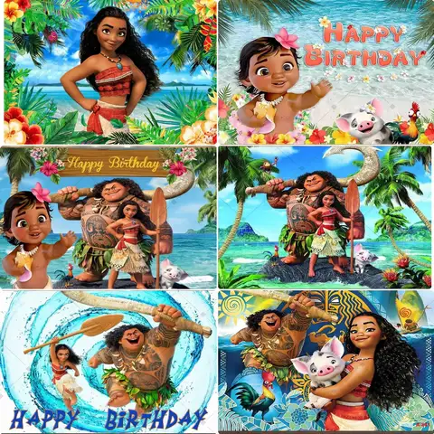 Cartoon Moana Birthday Backdrop Tropical Ocean Island Palm Flower Girl Birthday Party Baby Shower Decor Kids Photo Background