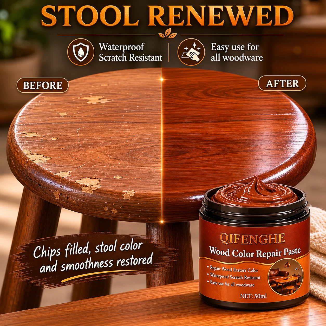 Holzreparaturpaste 50ml, Möbel-Kratzer- und Farbauffrischer, Wasserfest, Einfach Anwendbar für Alle Holzoberflächen – Detail 5