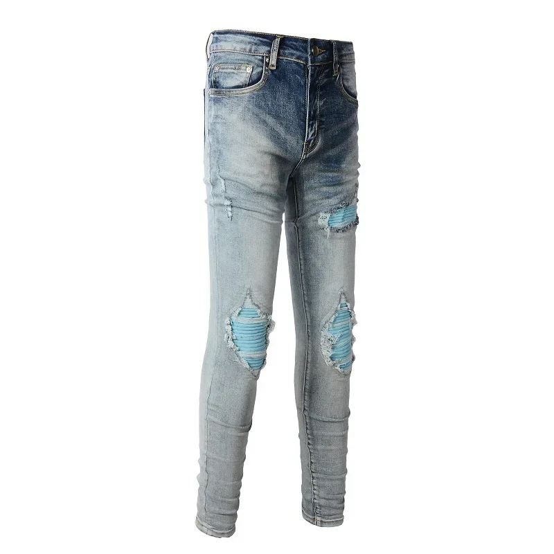 Pop High Street European And American Streetwear. New Men's Eye-catching Blue Patched Slim-fit Jeans With Holes For 2024.