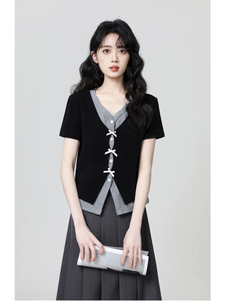 

Новая женская искусственная двухсекционная декоративная футболка с длинными рукавами и бантом, повседневный однобортный топ в стиле ретро