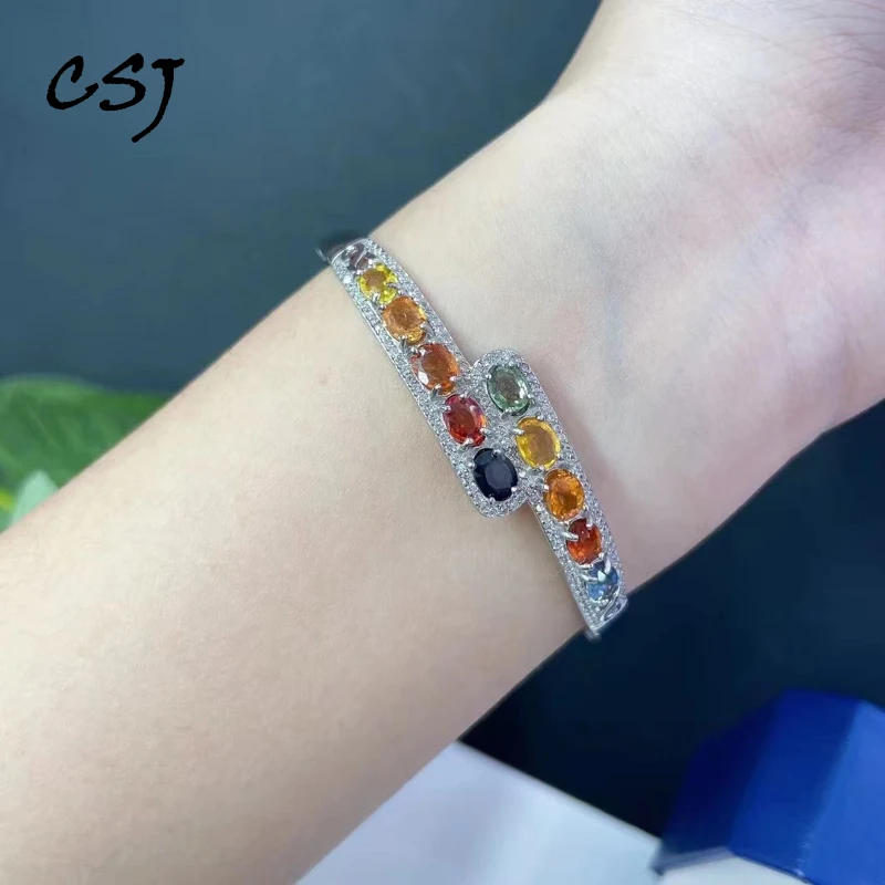 Elegant Natural Muti-Color Sapphire Bangle Solid 925 Silver Oval 4*6mm Bracelet Jewelry for Women Party Birthday Wedding Gift