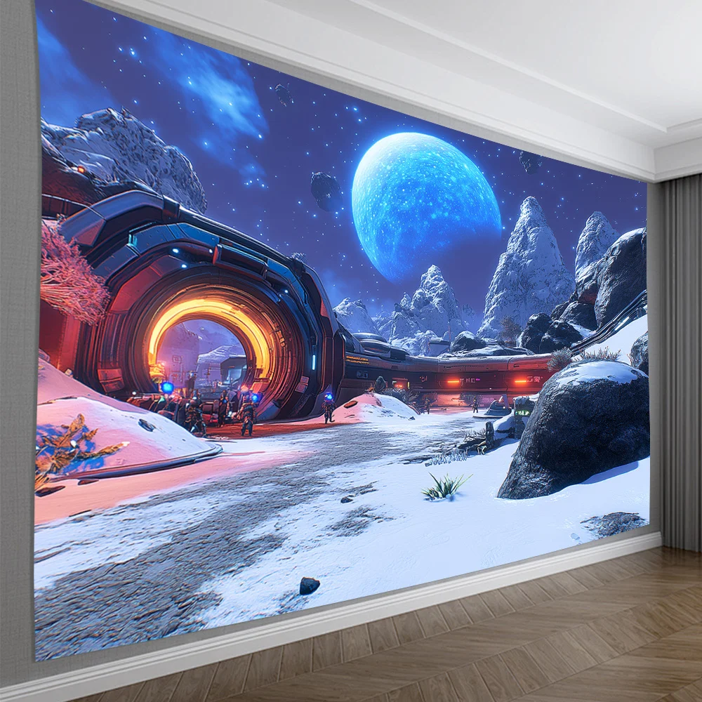 Space Colony Tapestry, Blue Planet and Sci-Fi Architecture, Futuristic Wall Art for Home Dorm Background
