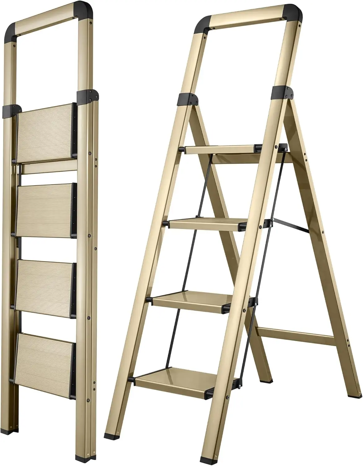 

4-Step Aluminum Folding Ladder, Champagne Gold, Anti-Slip, 330 lbs Capacity