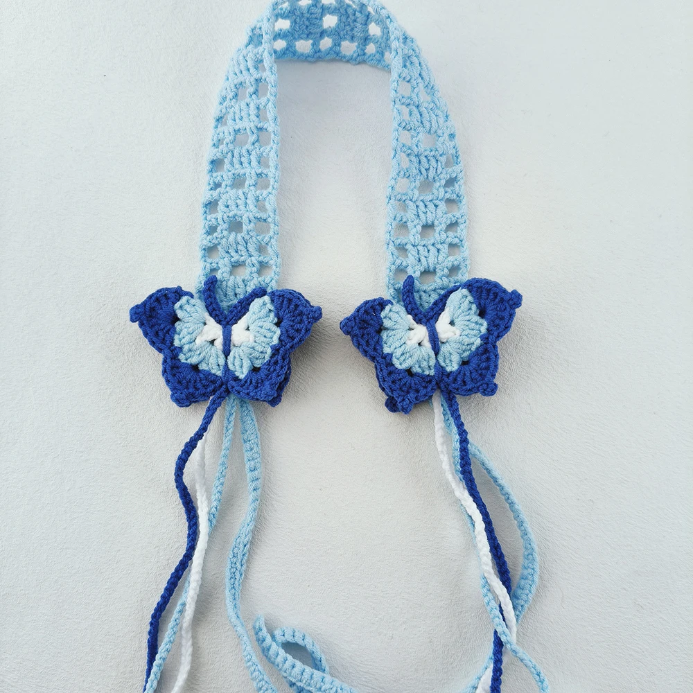 عصابة رأس على شكل فراشة زرقاء كروشيه مع رباط شعر بشراشيب الحب للنساء والفتيات وإكسسوارات الشعر المصنوعة يدويًا #5