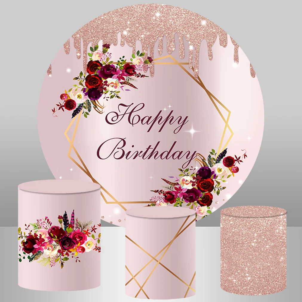 Pink Gold Glitter Birthday Round Backdrop Red Rose Flowers Adult Women Theme Party Decoration Custom girls Birthday Background